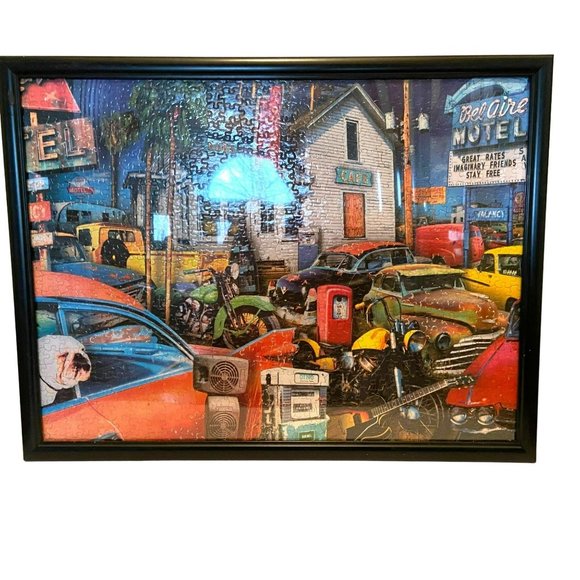 Framed Puzzle Picture Old Nostalgic Cars Motorcycles Trucks Dogs Bel Aire Motel - Picture 3 of 8